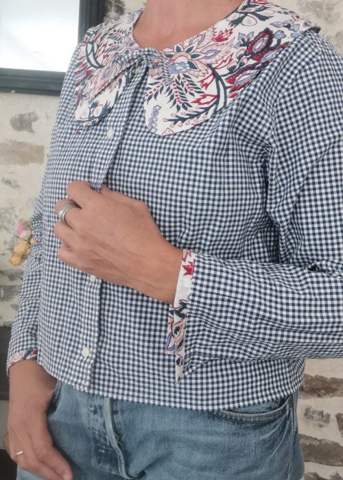Blouse upcyclée vichy col claudine